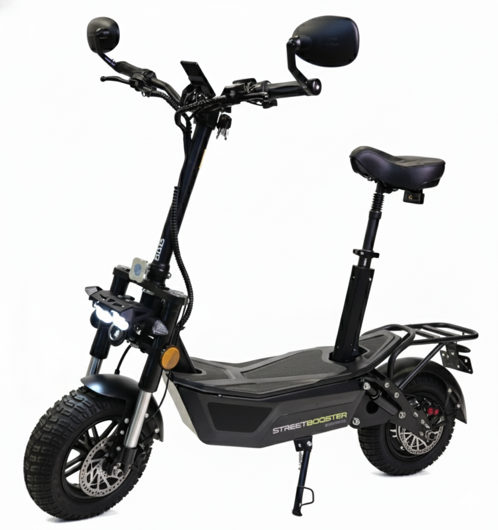 STREETBOOSTER Allrad - E‑Scooter mit Sitz und Straßenzulassung, Roller, Fahrzeug, Maschine, Rad, Motorrad
